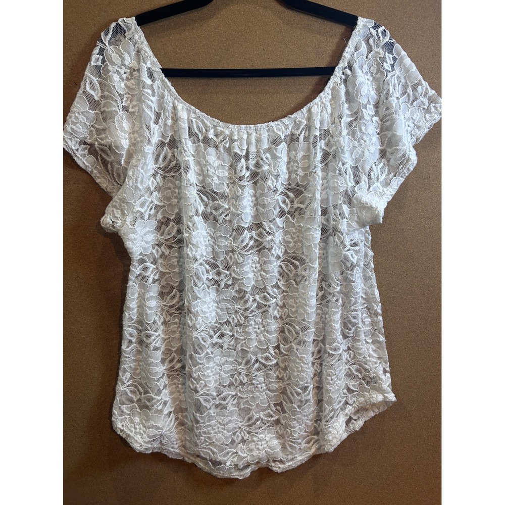 Luz Floral Lace Top Womens Large White Excellent Sheer Flutter Sleeve USA Made